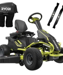 RYOBI 38 in. 100Ah Battery Rear Engine Electric Riding Lawn Mower and Bagging Kit